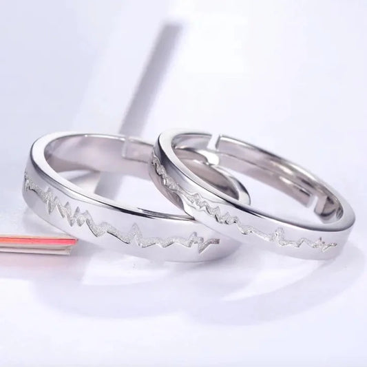 Silver Heartbeat Couple Rings - Adjustable.