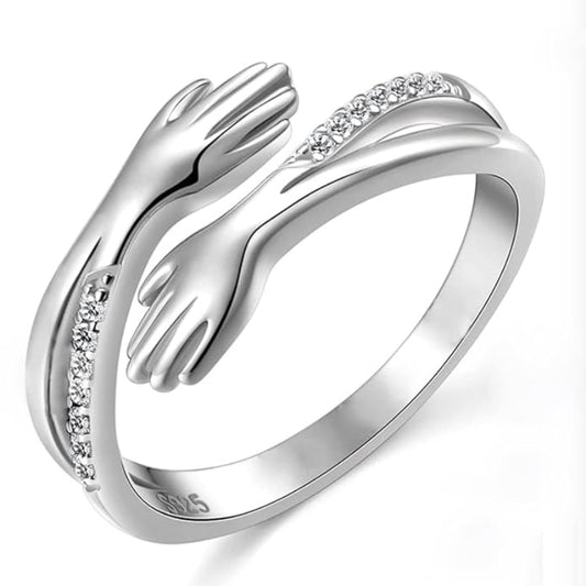 Silver Hugging Hand Promise Ring Cubic Zirconia Stones