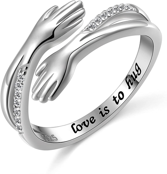 Silver Hugging Hand Promise Ring Cubic Zirconia Stones
