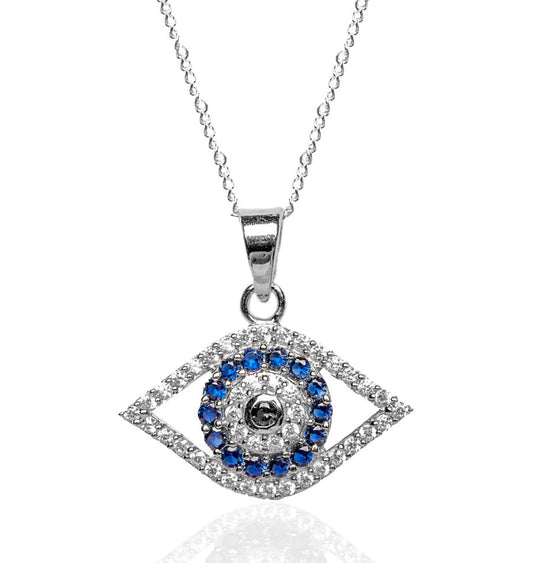 Silver Evil Eye Pendant Necklace Greek Protection with Chain