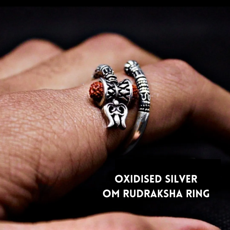 Shiv OM Rudraksha Trishul Oxidized Silver Ring - Adjustable