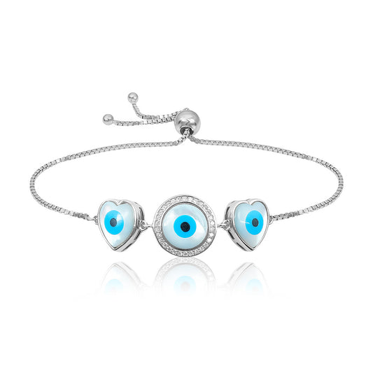 Evil Eye Silver Bracelet HEART SHAPE - Adjustable Drawstring Bracelet