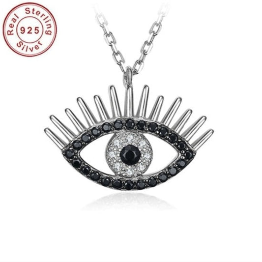Cubic Zirconia Stones Evil eye with lashes charm Silver Pendant with chain