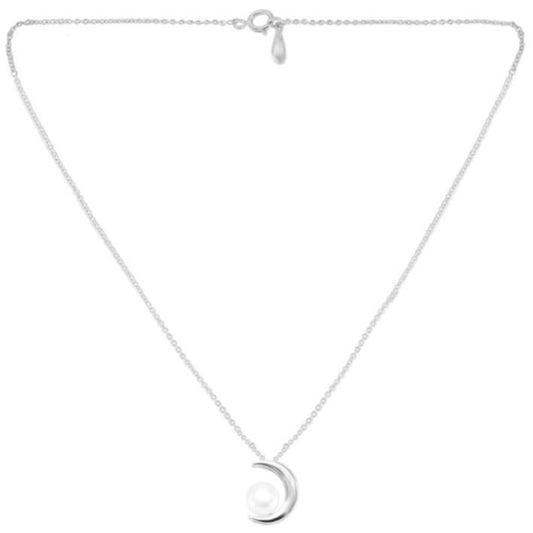 Silver Pearl & Crescent Moon Pendant with Chain