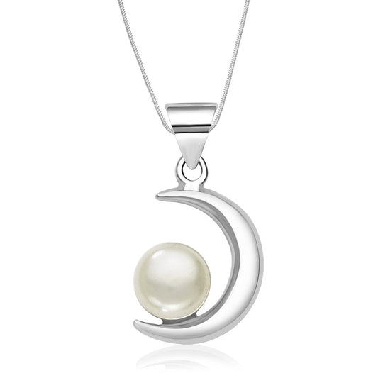 Silver Pearl & Crescent Moon Pendant with Chain