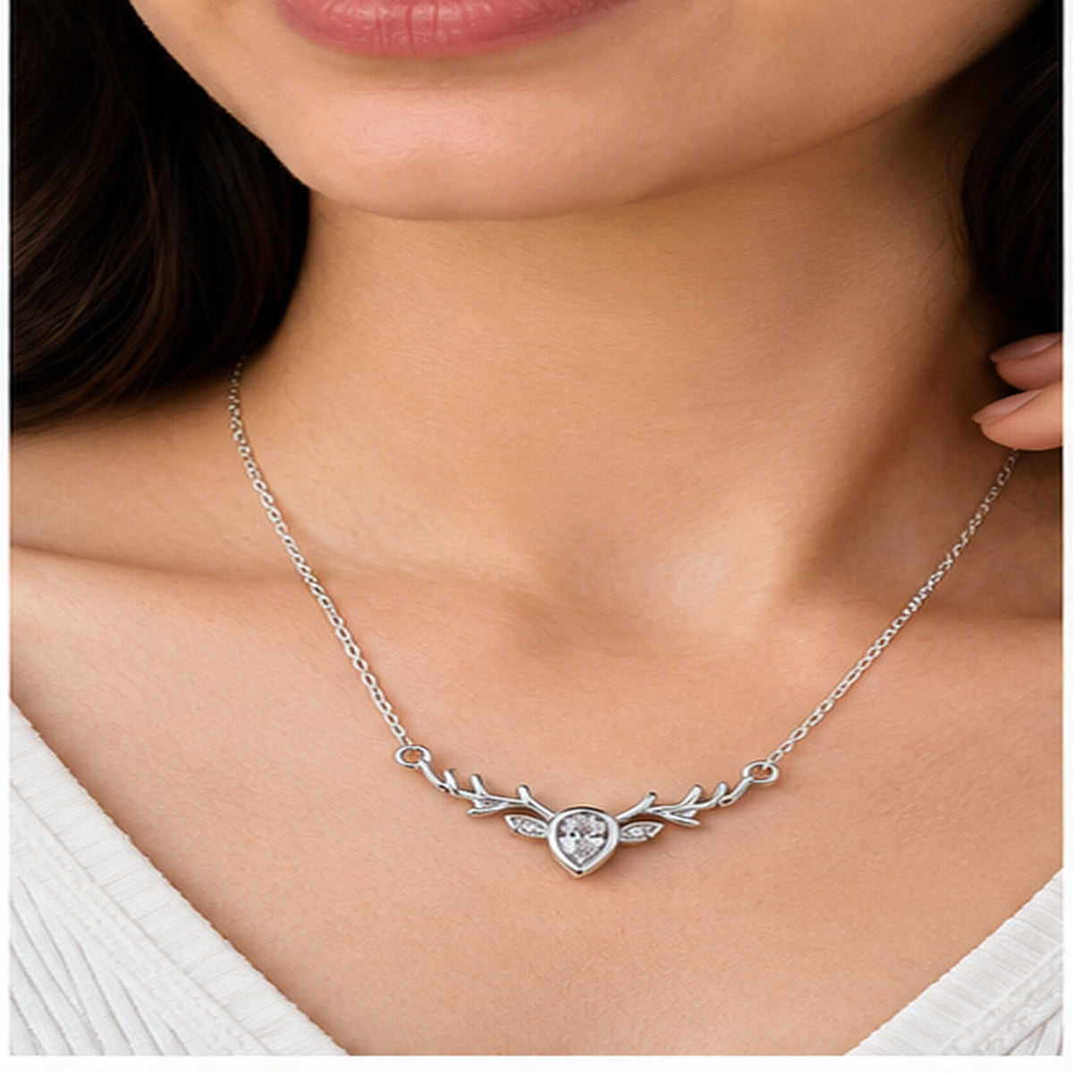 Silver Deer Antler Stone Necklace