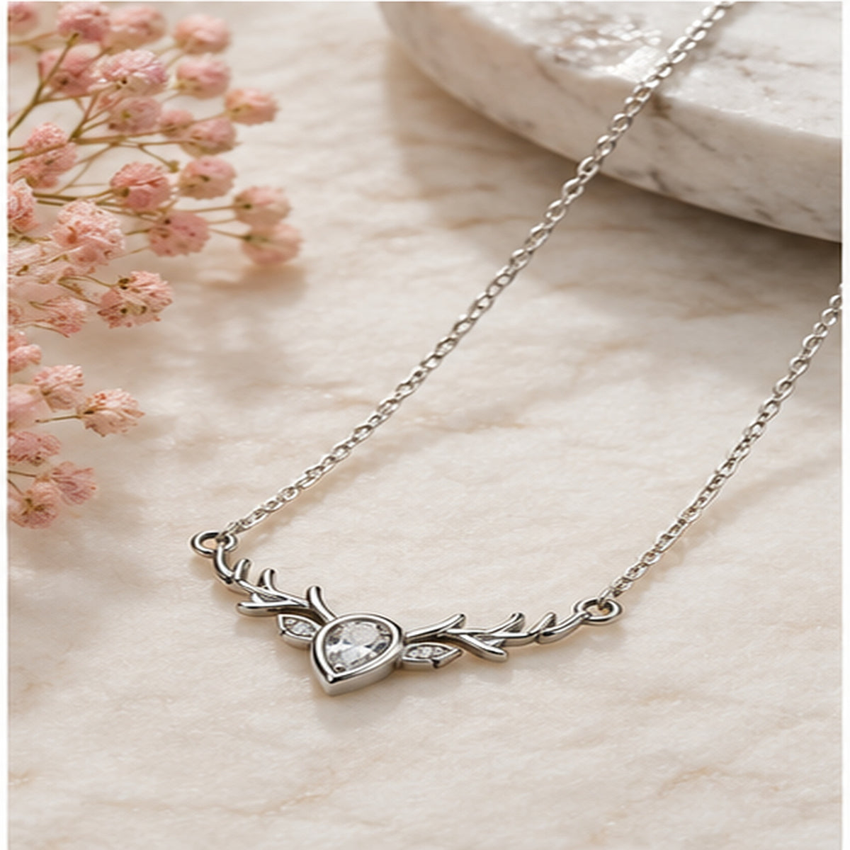 Silver Deer Antler Stone Necklace