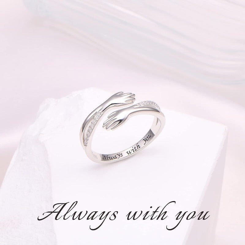 Silver Hugging Hand Promise Ring Cubic Zirconia Stones