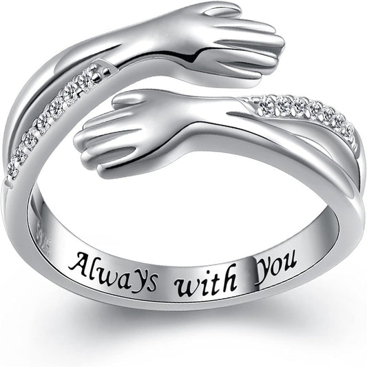 Silver Hugging Hand Promise Ring Cubic Zirconia Stones