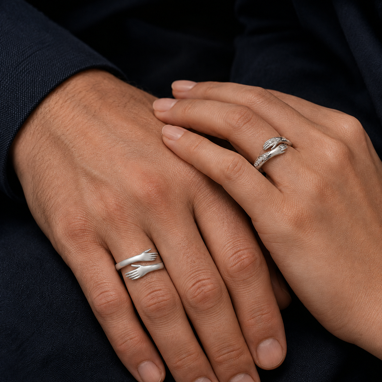Couple Silver Hugging Hand Promise Ring