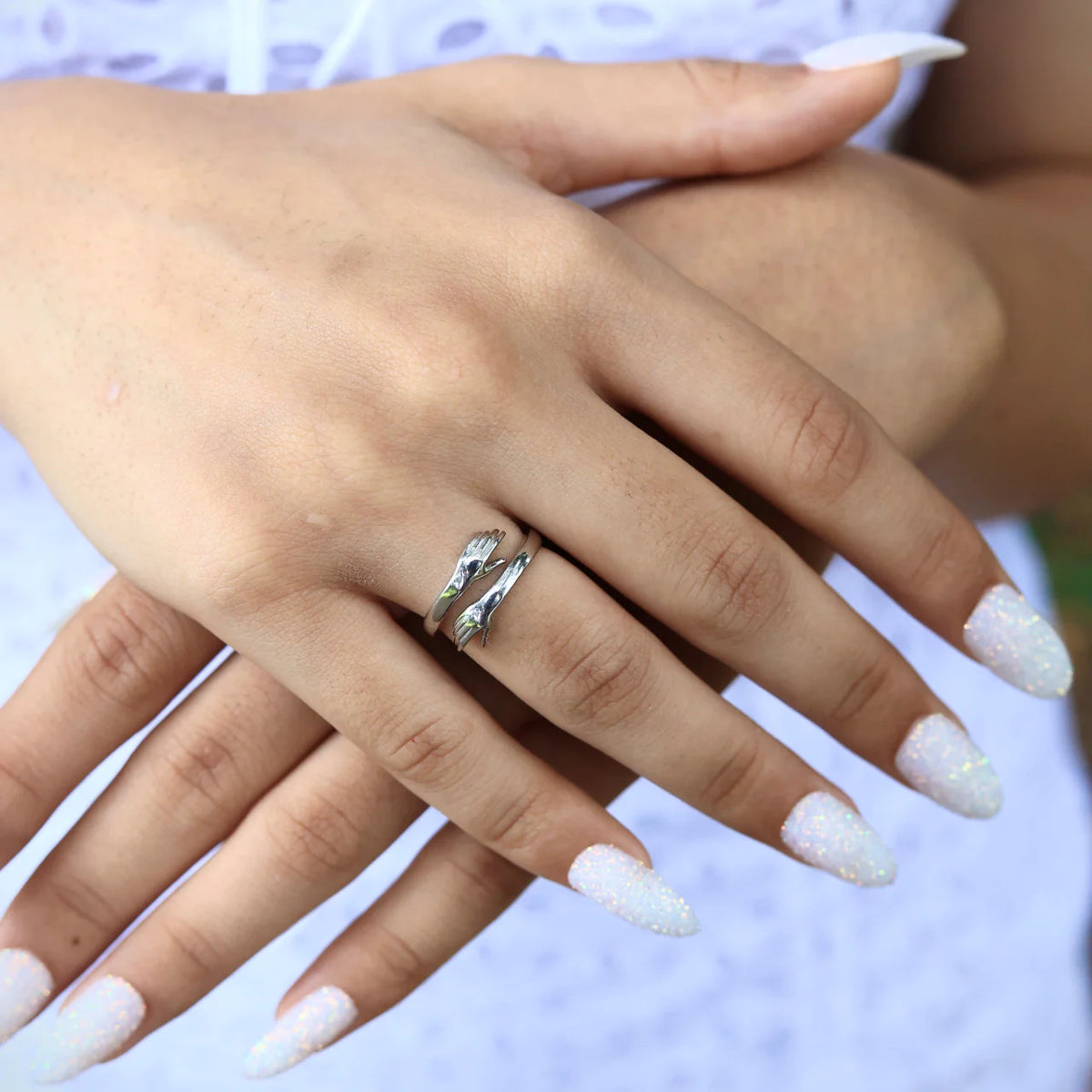 Hand By Hand Rings SILVER LOVE HUGGING HAND RING - Adjustable – ZaveriX Silver