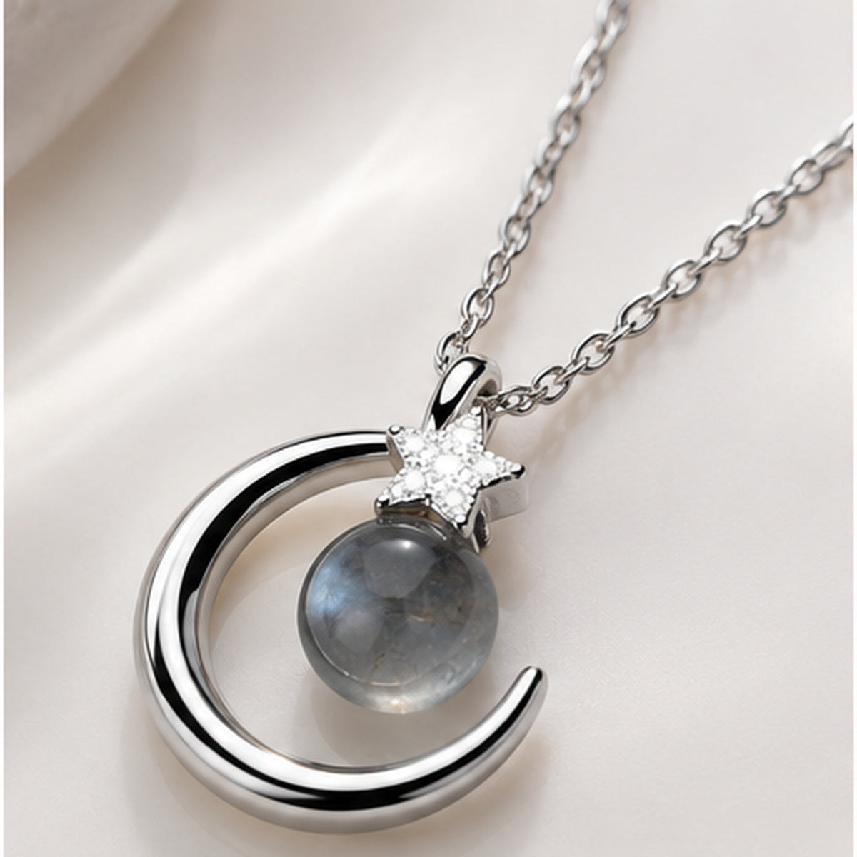 Silver Celestial Moon & Star Natural Stone Pendant with Chain