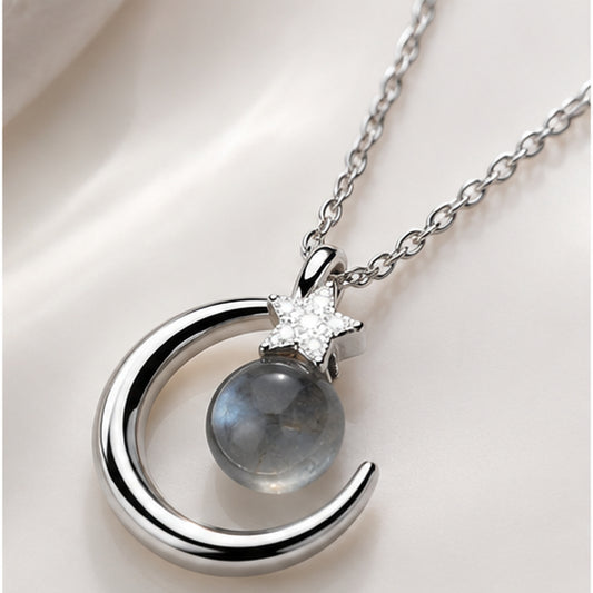 Silver Celestial Moon & Star Natural Stone Pendant with Chain