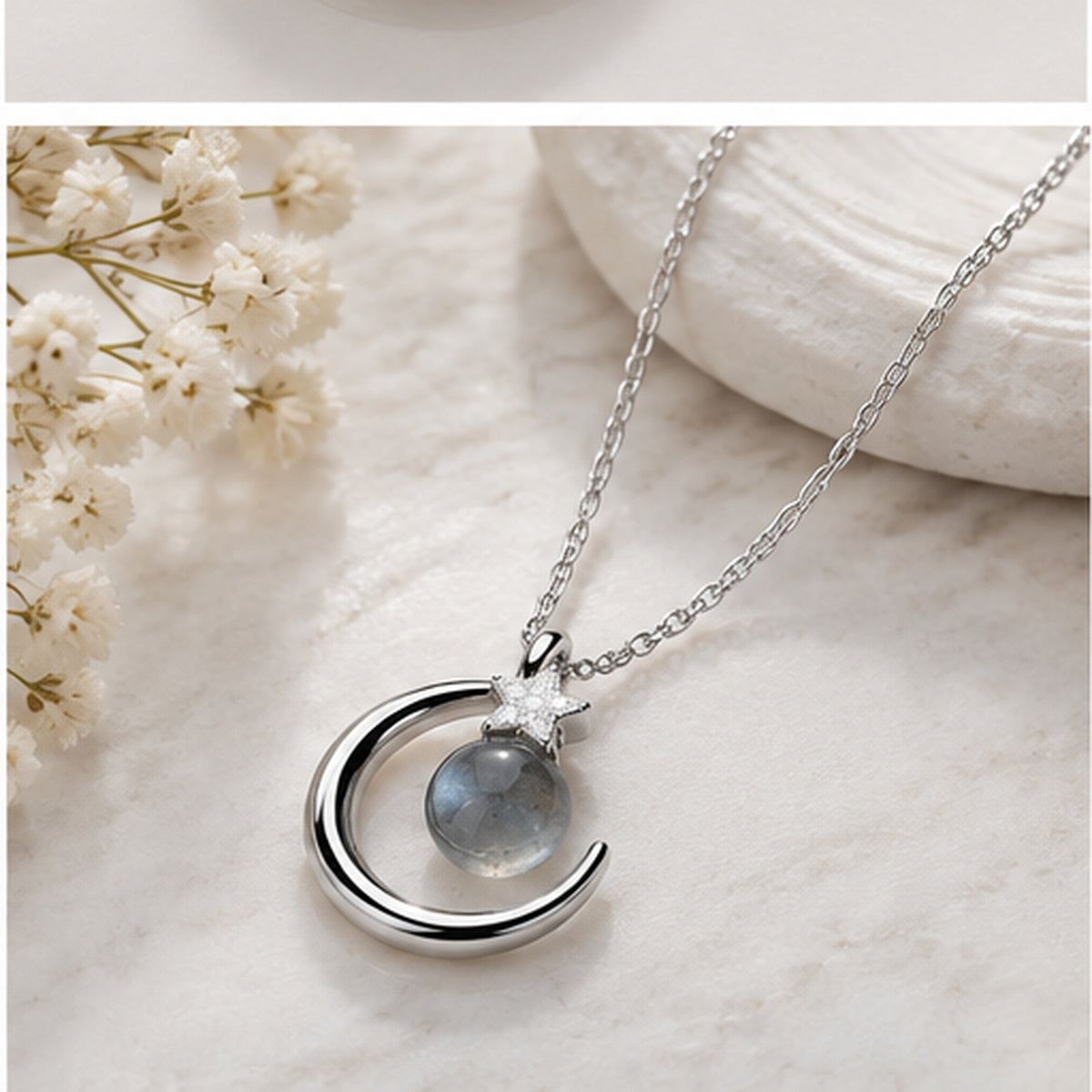 Silver Celestial Moon & Star Natural Stone Pendant with Chain