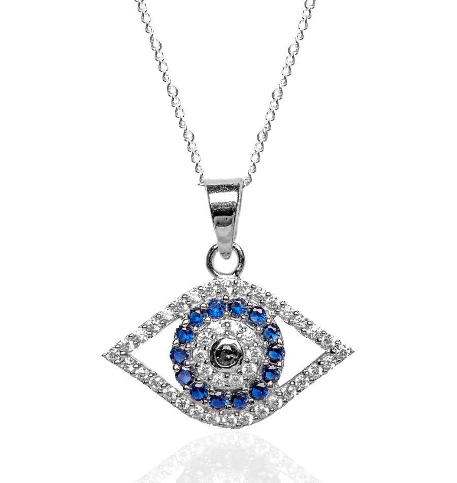 Silver Evil Eye Pendant Necklace Greek Protection with Chain