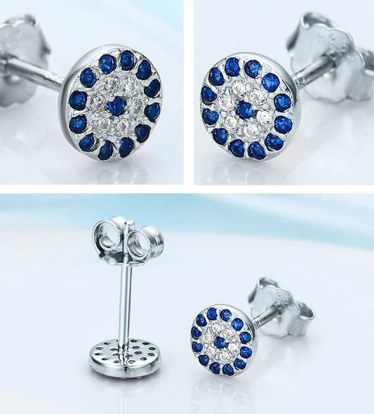 Blue & White Stone Evil Eye Silver Stud Earrings