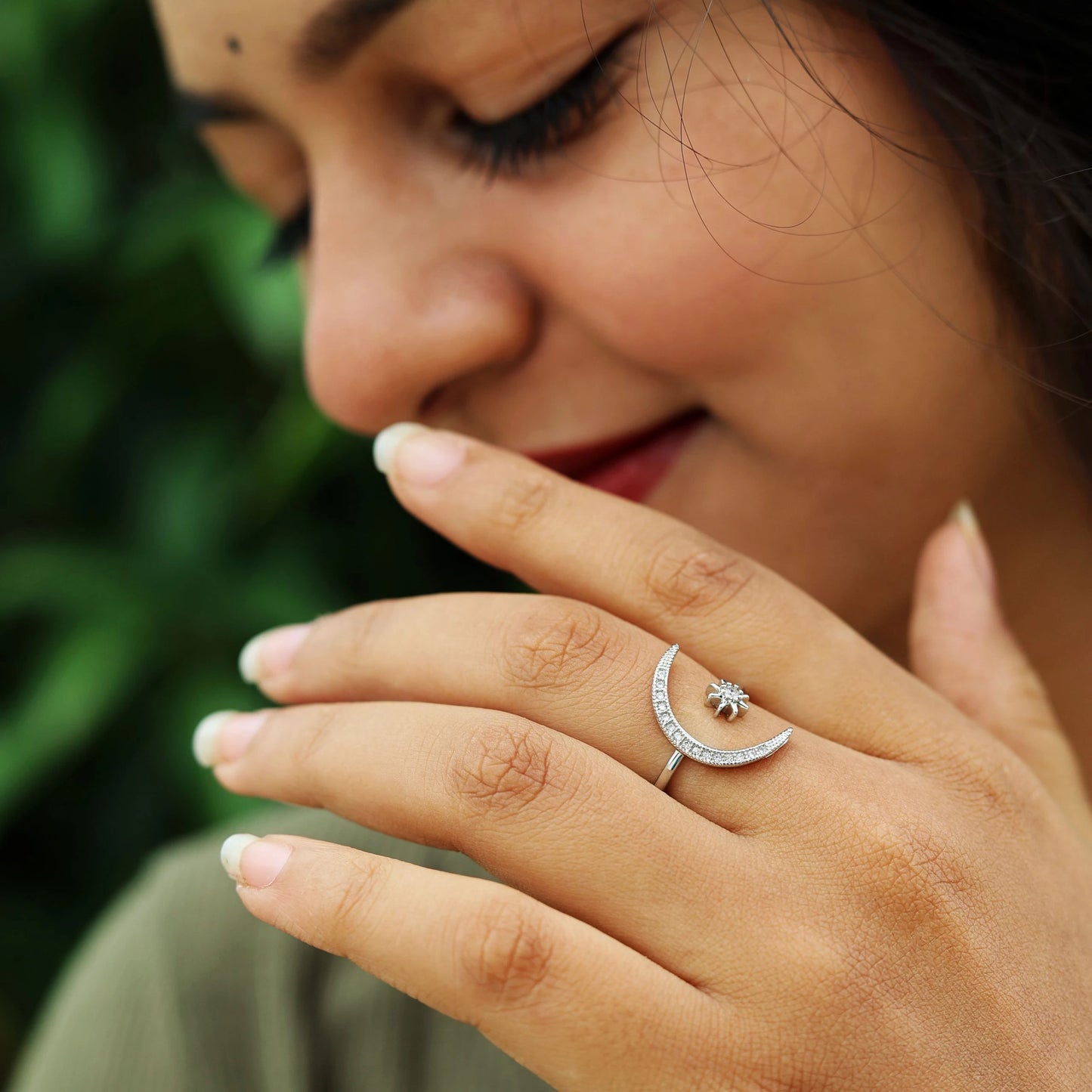 Crescent Moon & Star Silver Ring Silver - Adjustable