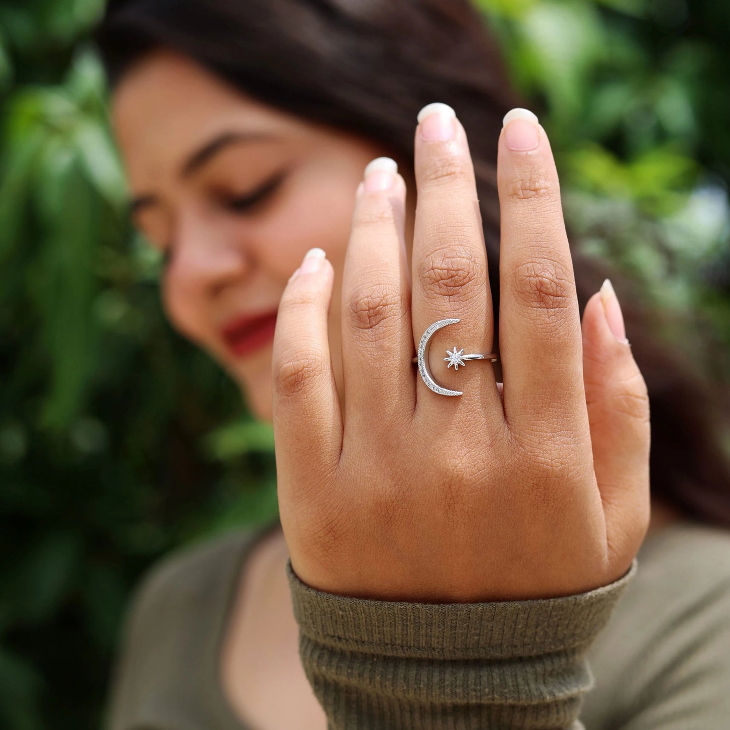 Crescent Moon & Star Silver Ring Silver - Adjustable