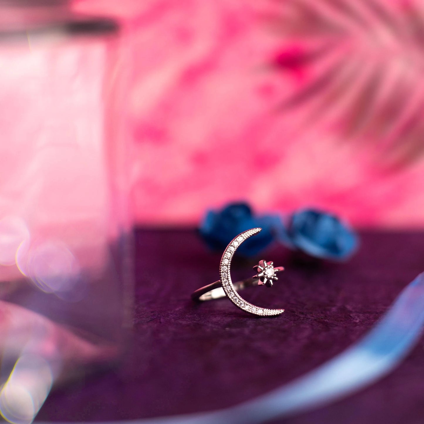 Crescent Moon & Star Silver Ring Silver - Adjustable