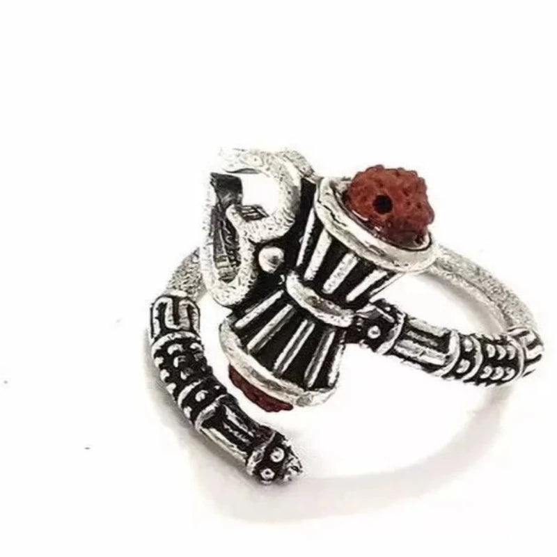 Shiv OM Rudraksha Trishul Oxidized Silver Ring - Adjustable