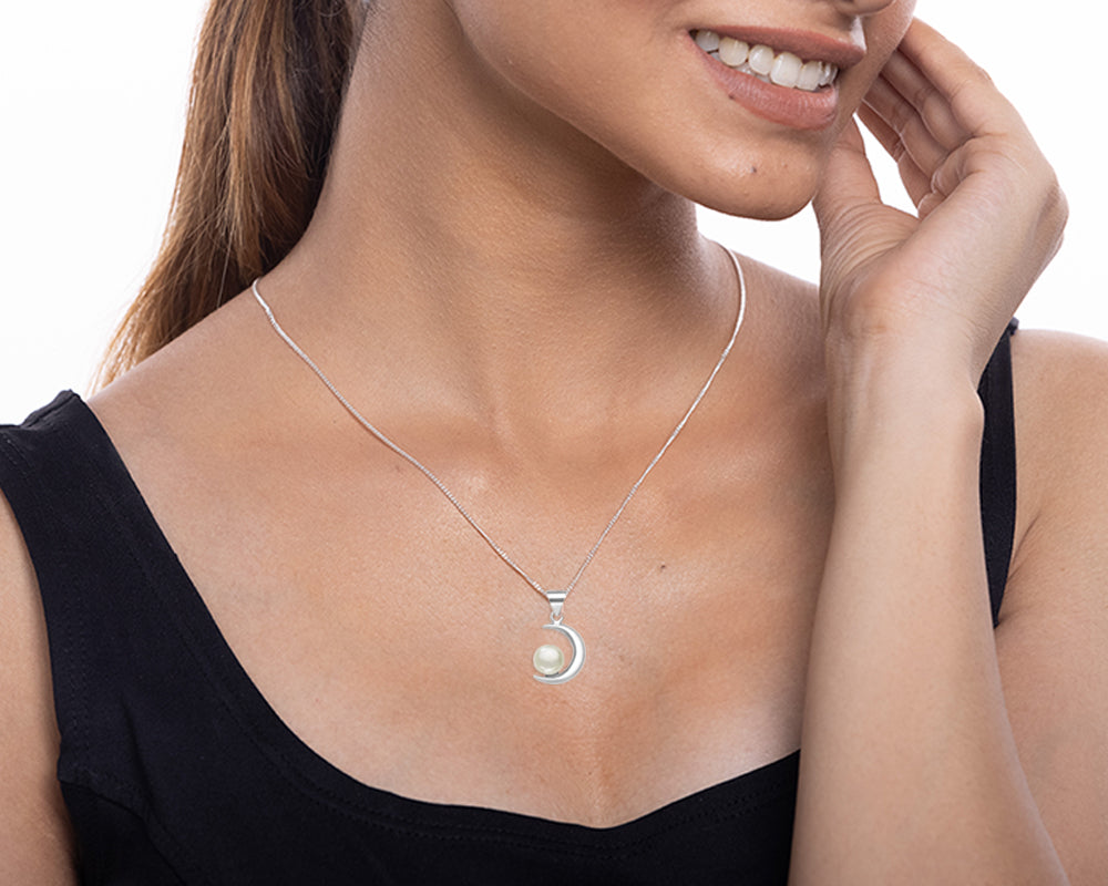 Silver Pearl & Crescent Moon Pendant with Chain