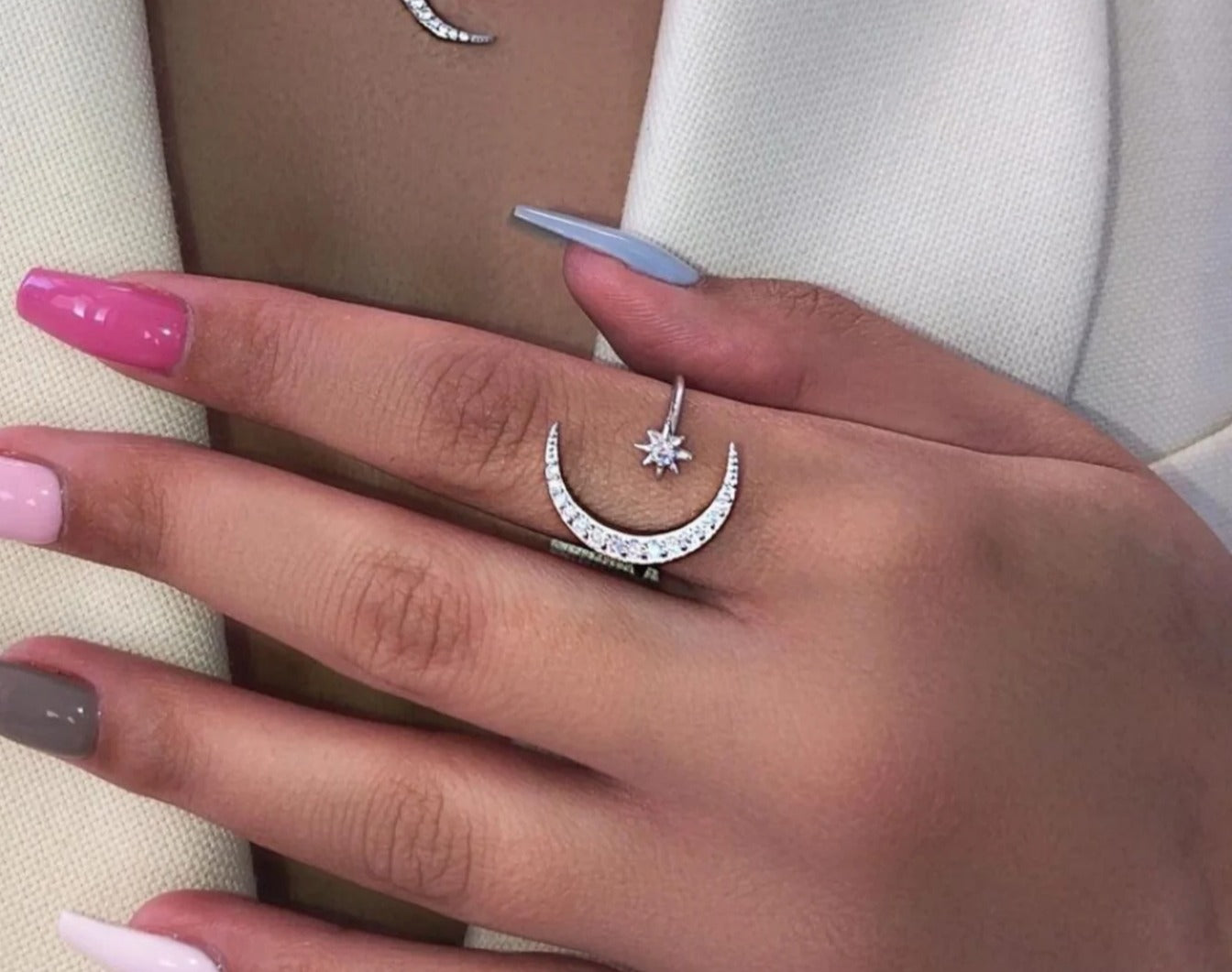 Crescent Moon & Star Silver Ring Silver - Adjustable