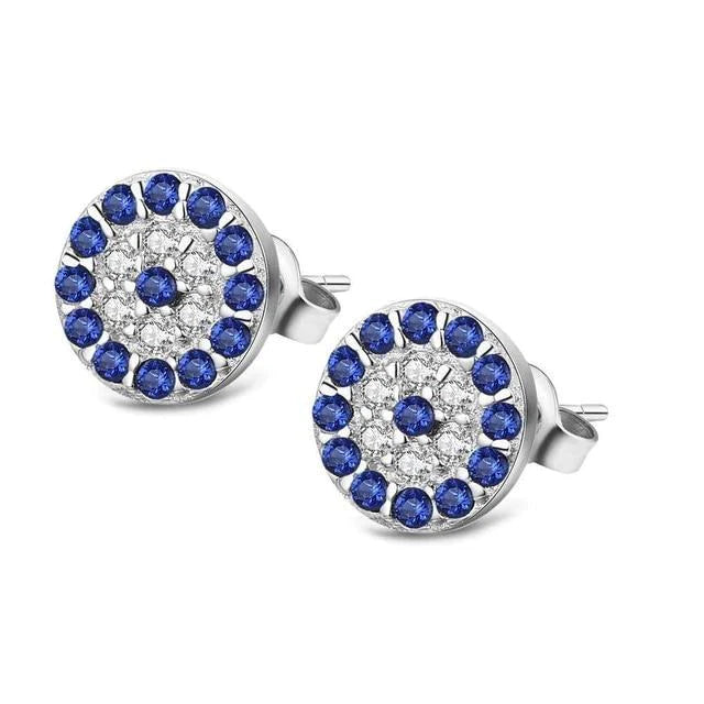 Blue & White Stone Evil Eye Silver Stud Earrings